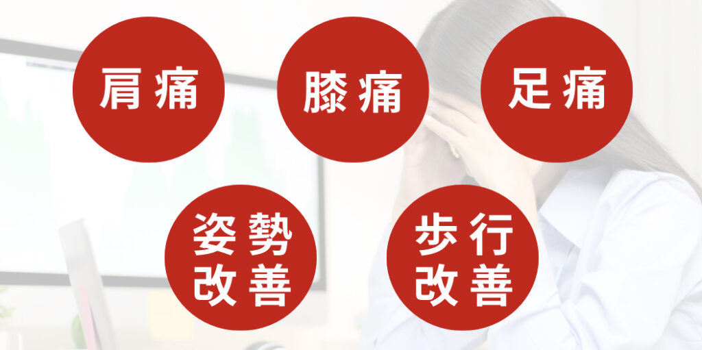 対応しているお悩み。肩痛、膝痛、足痛、姿勢改善、動作改善に対応している